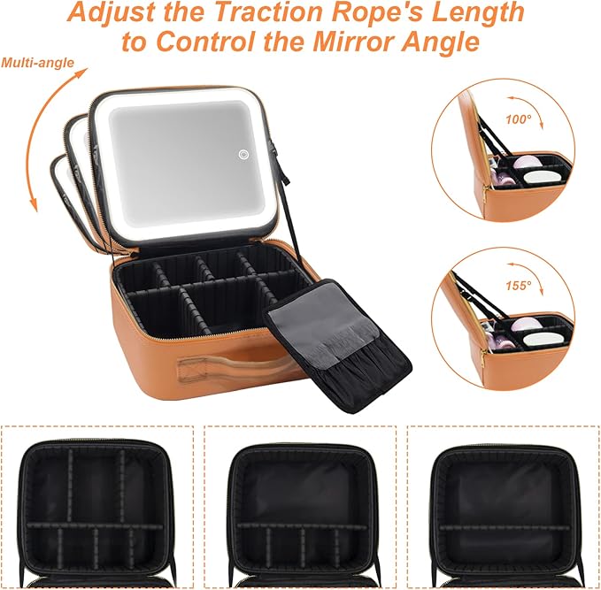 Makeup Case, Lighted Mirror, Travel, Waterproof, Brown