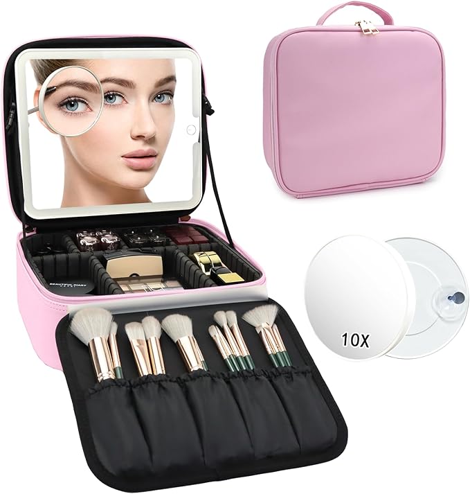 Travel Makeup Bag with LED Mirror and 10x magnifying glass with 3 Lighted Settings, Adjustable Dividers and Makeup Brush Storage Bag Light Pink