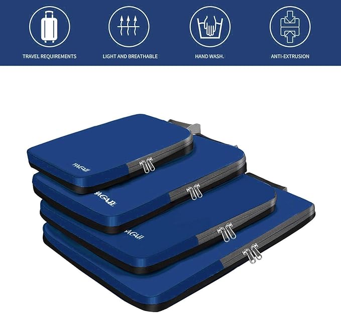 BAGAIL 4 Set/6 Set/8 Set Compression Packing Cubes Travel Accessories Expandable Packing Organizers (Cloth Pattern, 4-Navy)