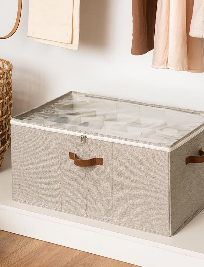 StorageWorks Shoe Organizer for Closet, Fits up to 24 Pairs, Shoe Cubby Storage Containers with Adjustable Dividers and Clear Cover, Mixing of Brown & Beige
