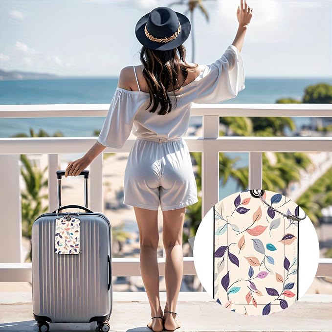 Luggage Tags for Suitcases, 2-Pack PU Leather for Cruise & Travel, Baggage ID Tags with Privacy Cover & Address Card, Durable Metal Ring, Kids Adults Travel Accessories, Pastel Foliage