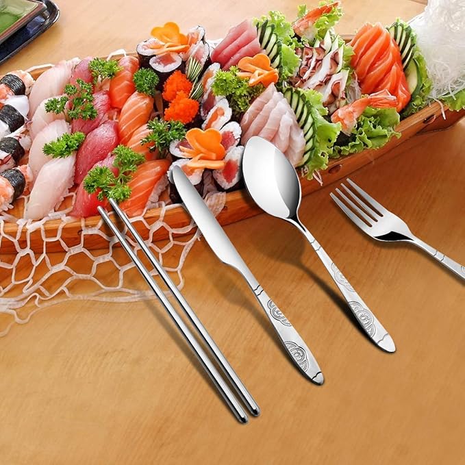 6 Pack Reusable Flatware Sets Knife, Fork, Spoon, Chopsticks, 24Pcs Portable Travel Stainless Steel Tableware Dinnerware with Carrying Case