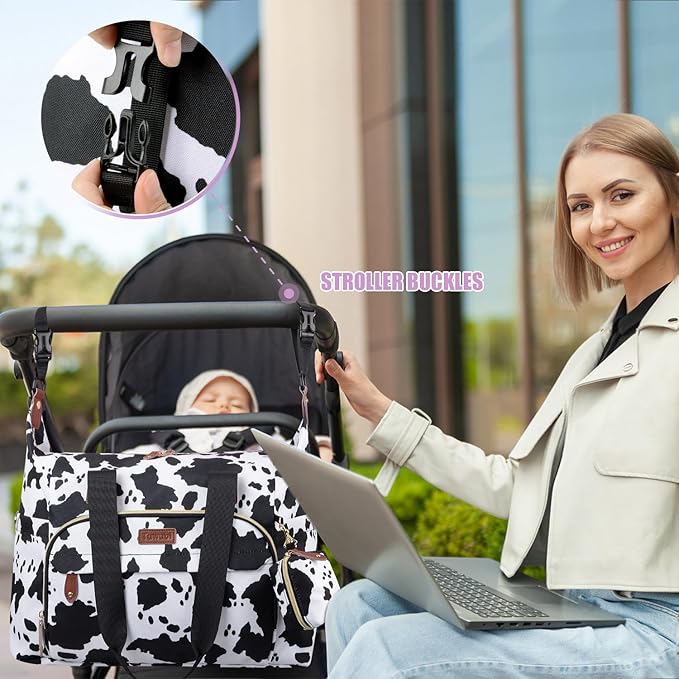 Tuwubi Diaper Bag Tote,Baby Diaper Bag with Pacifier Case Large Travel Diaper Tote Caddy for Mom and Dad Multifunction Large Baby Bag - Cow Print