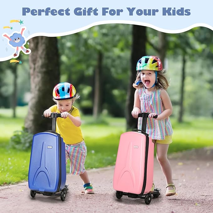iubest Scooter Luggage Carry On Scooter Suitcase for Kids Age 4-15, Detachable & Foldable 4 in 1 Kids Suitcase, Multifunctional Ride On Travel Trolley Scooter Combo-Blue