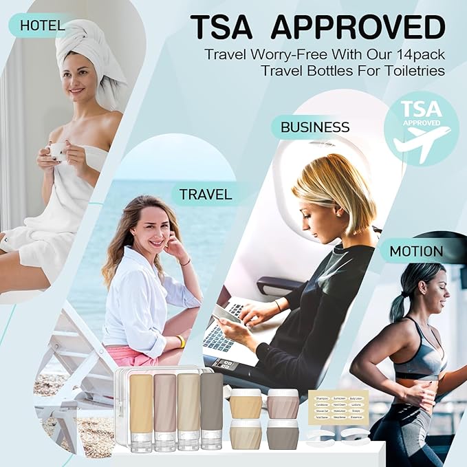 14pack Travel Bottles for Toiletries, TSA Approved Travel Size Toiletries Containers Set, Premium Silicone Leak Proof Refillable Squeezable & Creams jars Accessories Kit W/Clear Bag (Apricot)