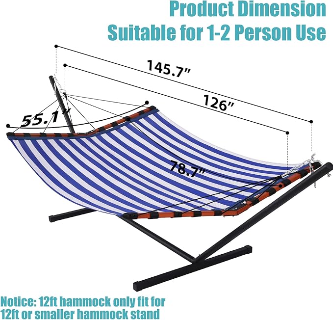 TegerDeger 12FT 2 Person Hammock with Stand Included 55 x 79IN Large Hammock Quick Dry 450LB Capacity with V Shaped Hardwood Spreader Bar & Nylon Rope for Outside, Patio, Garden - Tender Blue Stripes