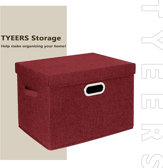 TYEERS Collapsible Storage Bins With Lids, Large Fabric Storage Boxes - 2 Pack - Red Wine