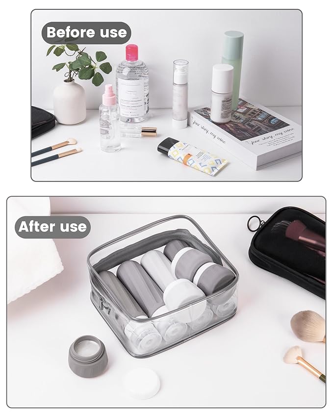 Travel Bottles for Toiletries 8 Pack, Travel Size Toiletries, Tsa Approved Travel Size Containers 3oz, with Travel Essentials Clear Bag, Leak Proof Silicone Squeezable Creams Jars