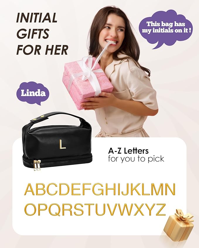 Personalized Teen Girl Gifts, Personalized Makeup Bag with Handle, IGifts for Young Women Cosmetic Bag with Makeup Brush Organizer, PU Leather Travel Toiletry Bag, Gifts for Friends Female