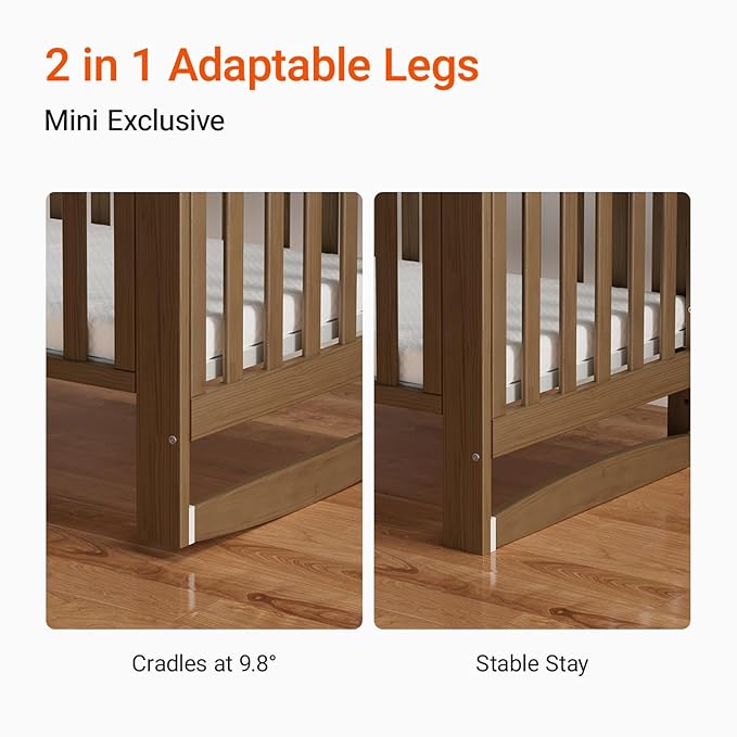EvoNest Baby Crib, 6 in 1 Convertible Mini Crib with Wheels, 100% New Zealand Wood Growing Bed, 4 Adjustable Mattress Height,Walnut Brown