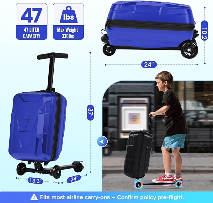 smilesun Scooter Suitcase for Kids & Adults, Foldable Carry On Travel Luggage, Hardside Ride on Scooter Suitcase with LED Light up Wheels,Blue