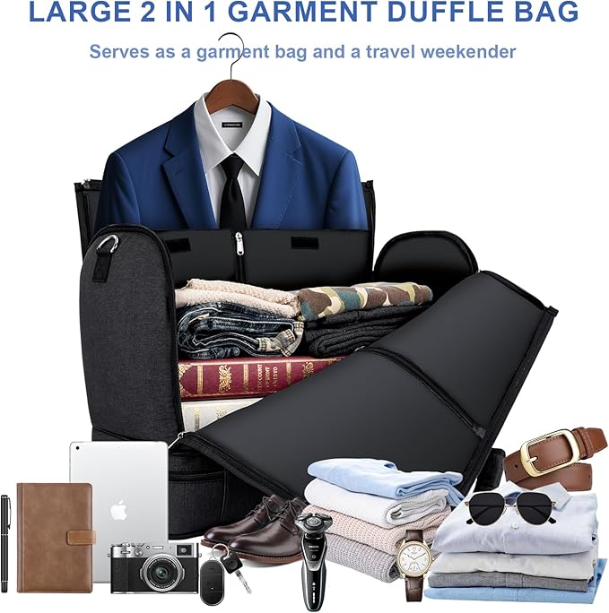 Garment Duffle Bag for Travel - Convertible Carry on Garments Duffel Bags Travel Bag for Women Men Large Weekender Bag with Shoes Compartment 3 in 1 Hanging Clothes Suit Dress Bag 3pcs Set