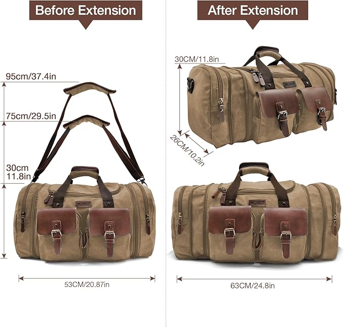 Wildroad 50L Travel Duffel Bag, Expandable Canvas Genuine Leather Duffle Bag Upgraded Overnight Weekender Carry on Bag
