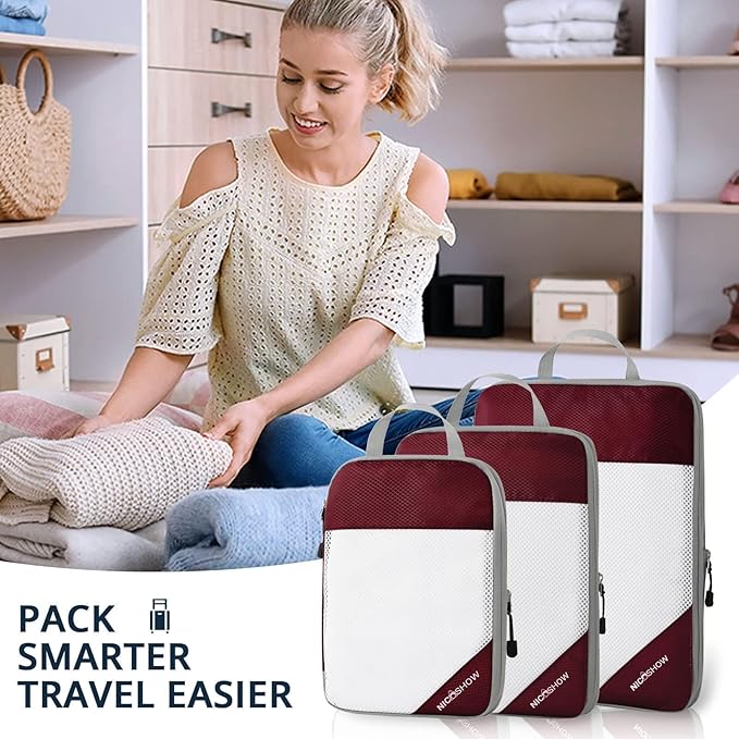3 Set Compression Packing Cubes for Travel - Compressible, Lightweight, and Space-Saving Packing Cubes, Travel Essentials for Women, Wine