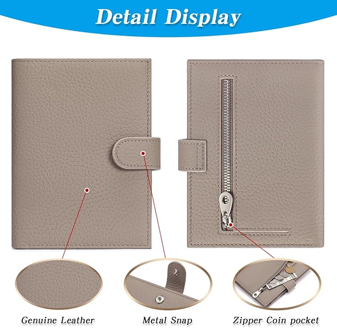 Passport Holder for Travel Women RFID Blocking Genuine Leather Passport Wallet with Card Slots, Zipper Coins Pocket, Cash Holder, Grey
