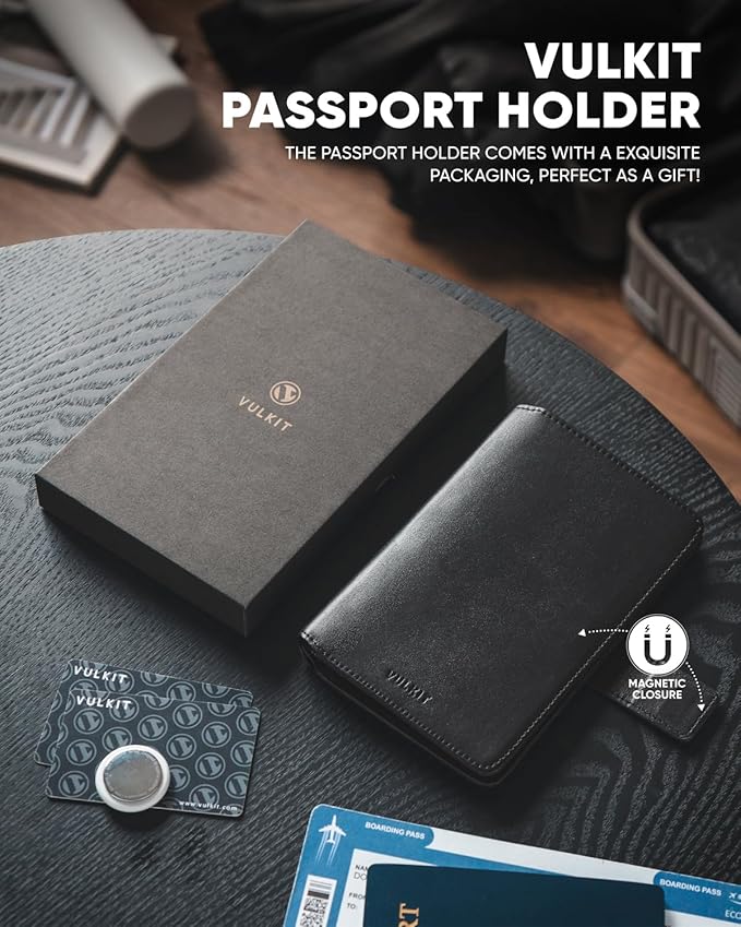 VULKIT Passport Holder with Airtag Holder RFID Blocking Passport Wallet Travel Leather Passport for Women(Iron Black)
