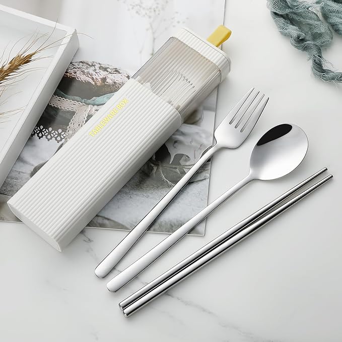 DEVICO Travel Utensils with Case, Stainless Steel Reusable Camping Silverware Set for Lunch Box, Portable Cutlery Kit Includes Fork, Spoon, Chopsticks (White)