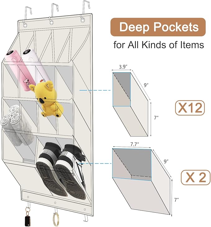 FENTEC 2 Pack Over the Door Shoe Organizer, Hanging Shoe Organizer, 28 Large Deep Pockets Door Shoe Rack with 6 Hooks Shoe Organizer for Shoes, Sneakers, and Home Accessories, Beige