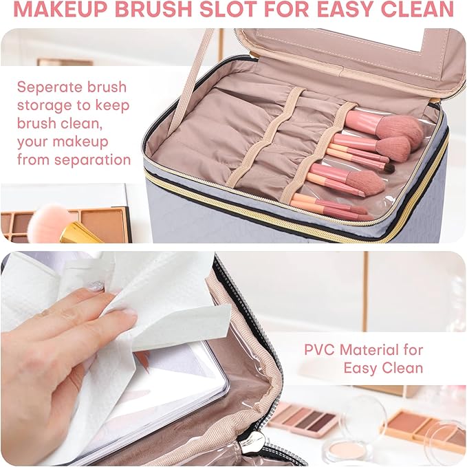 Large Makeup Bag with Mirror Double Layer Travel Make Up Organizer Case, Large Capacity Coemetic with Brush Slot Divider, Travel Toiletry Bag for Women (Grey)