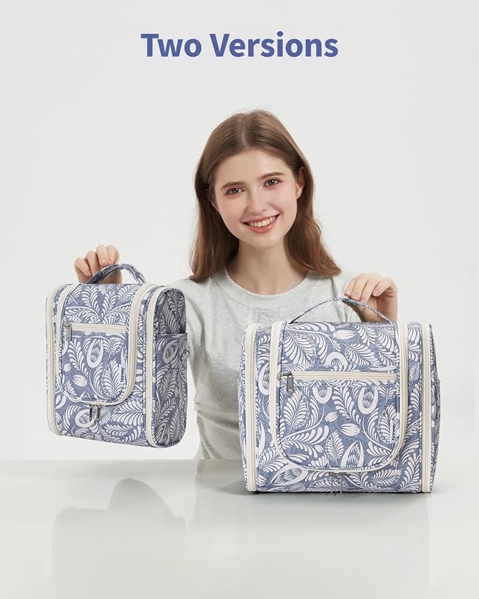 Narwey Small Hanging Toiletry Bag Women Travel Makeup Bag Organizer Toiletries Bag for Travel Size Essentials Accessories Cosmetics (Medium, Blue Leaf)
