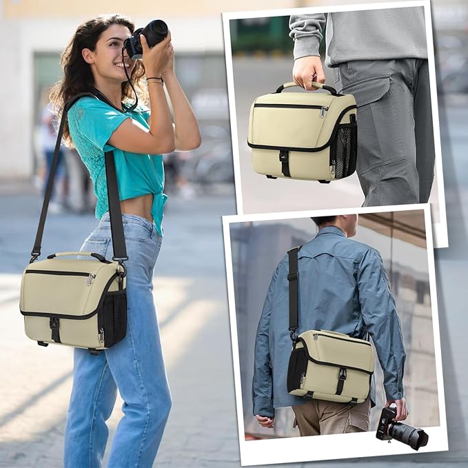 RAINSMORE Camera Bag, DSLR/SLR/Mirrorless Camera Case with Tripod Holder Waterproof Camera Sling Bag Crossbody Camera Bags for Photographers with Rain Cover for Canon/Nikon/Sony/Fuji, Khaki