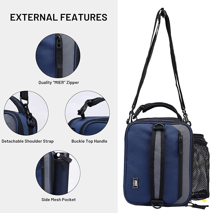MIER Expandable Lunch Bag Insulated Lunch Box for Men to Work Travel Portable Lunchbox Bags with Shoulder Strap and Water Bottle Holder(Navy/Grey)