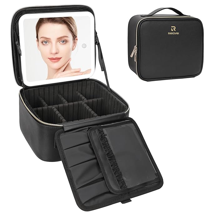 Relavel Travel Makeup Bag With LED Mirror, Cosmetic Train Case with Light up Mirror, Portable Makeup Artist Organizer Bag with Adjustable Dividers, Makeup Brush Holder Storage, Black