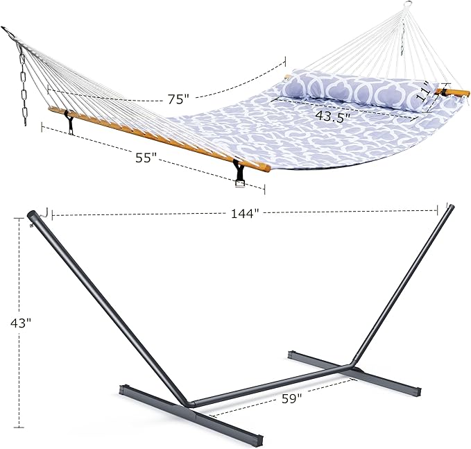 Double Hammock with Stand for Outdoor, Heavy Duty Portable Hammock with Adjustable Steel Stand for Patio, Garden, Beach, Backyard - Includes Carrying Bag,White Grey