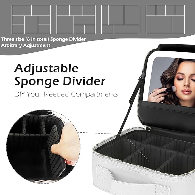 MOMIRA Travel Makeup Bag Cosmetic Bag Makeup Organizer Bag with Lighted Mirror, Adjustable Brightness in 3 Color Scenarios, Waterproof Makeup Train Case, Gift for Women - Silver