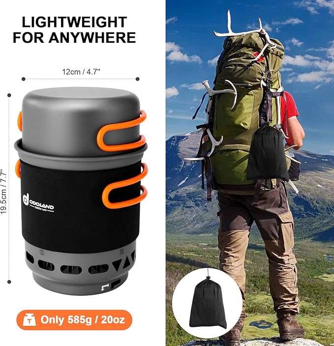 Odoland Heat Exchange Camping Pot with Backpacking Stove 7-In-1 Camping Cookware Mess Kit for Hiking, Trekking, Fishing and Picnic