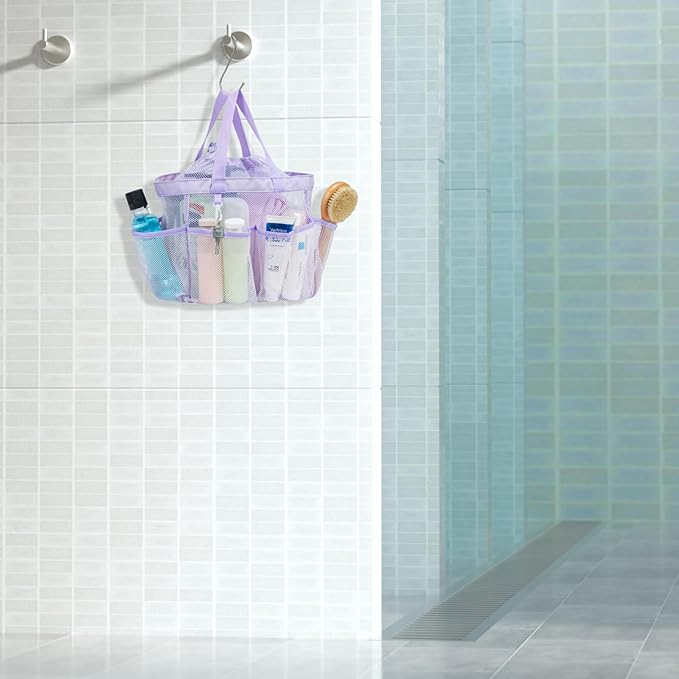 F-color Mesh Shower Caddy Portable with Drawstring - Upgrade Deeper 7 Pockets Dorm Room Essentials for Guys Girls with S Hook, Shower Bag Basket Tote for College Camping Toiletry Bathroom, Purple