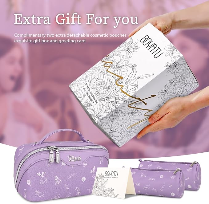 BOYATU Travel Makeup Bag Cosmetic Bags for Women: 3 Pcs Set Portable Make up Bag with Handle - Vegan Leather Toiletry Bags with Compartments - Makeup Organizer for Travel Essentials(04-Lilac)