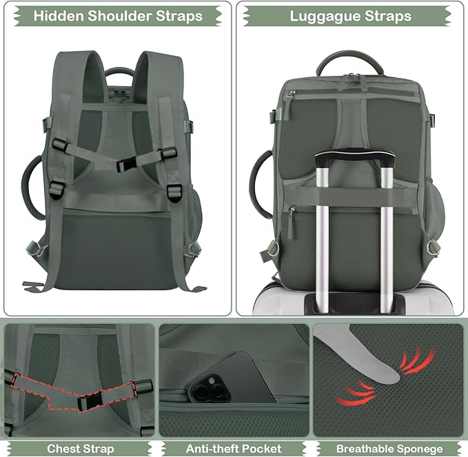 Hanples Extra Large Travel Backpack for Women as Person Item Flight Approved, 40L Carry On Backpack, 17 Inch Laptop Waterproof Hiking Casual Bag(Olive Green)