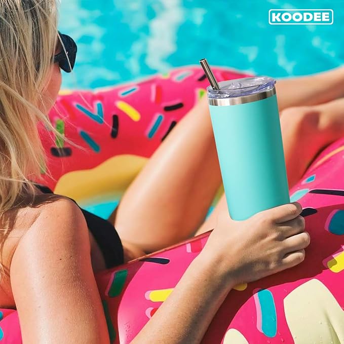 koodee 20 oz Stainless Steel Skinny Tumbler(4 Pack) Double Wall Insulated Water Tumbler Cup with Lids, Straws and Straw Brushe(Teal/2 Pack, Pink/2 Pack)