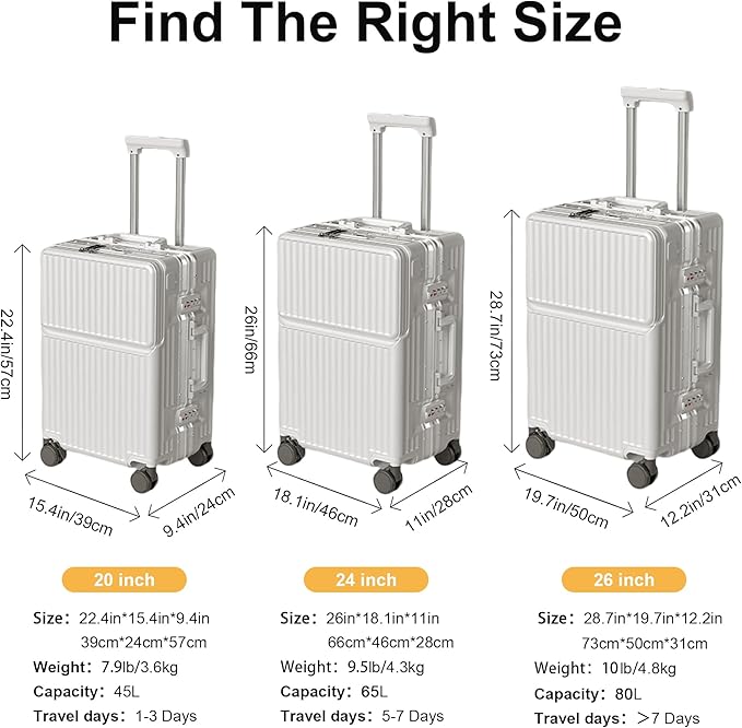 Hard Shell Luggage 24 Inch Travel Luggage, Carry-On Luggage Spinner TSA with Lid, PC+ABS Aluminum Frame,Lightweight Travel Luggage 20'' 24'' 26''Carry-On (upgraded white, 24 inch)