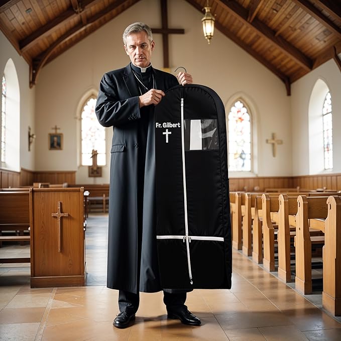 Personalized Garment bag for Hanging Clothes - Embroidered Name Garment Holder With 2 Mesh Pockets for Priest and Nun Robes - Ideal for Clergy Outfits, Uniform Cover Bag with Carry Handle - Black