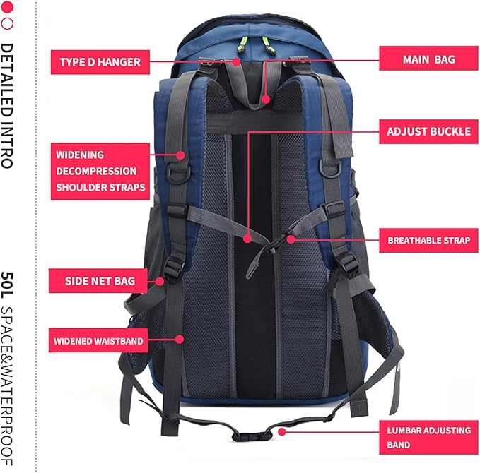 Bseash 50L Hiking Backpack, Water Resistant Lightweight Outdoor Sport Daypack Travel Bag for Camping Climbing Skiing Cycling (Navy Blue - With Shoe Compartment)