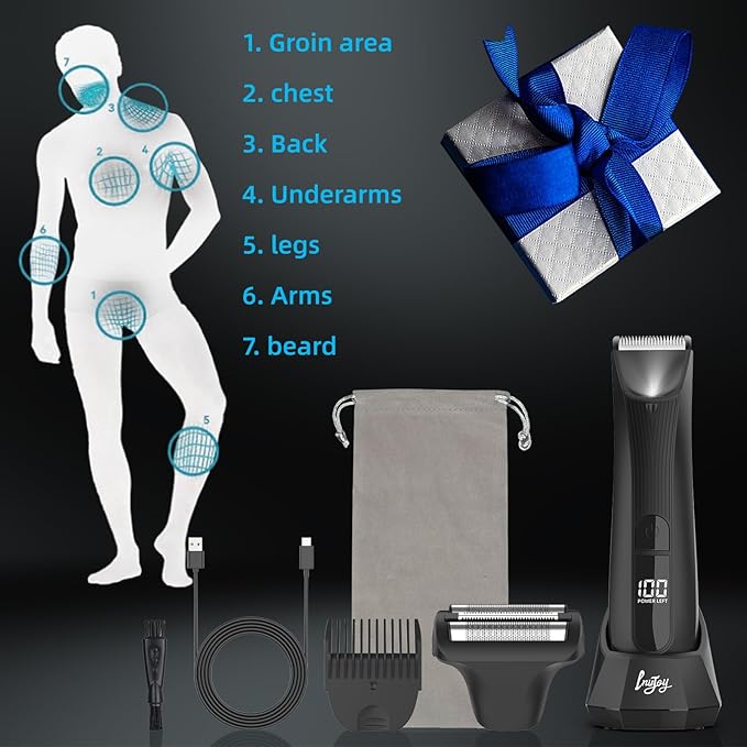 INVJOY Manscape Body Trimmer for Men, Waterproof Electric Razor/Shavers with Dual-Head for Facial, Pubic & Groin Hair Grooming, Ceramic & Foil Blades Hair Trimmer with LED - Birthday Gift for Him Dad
