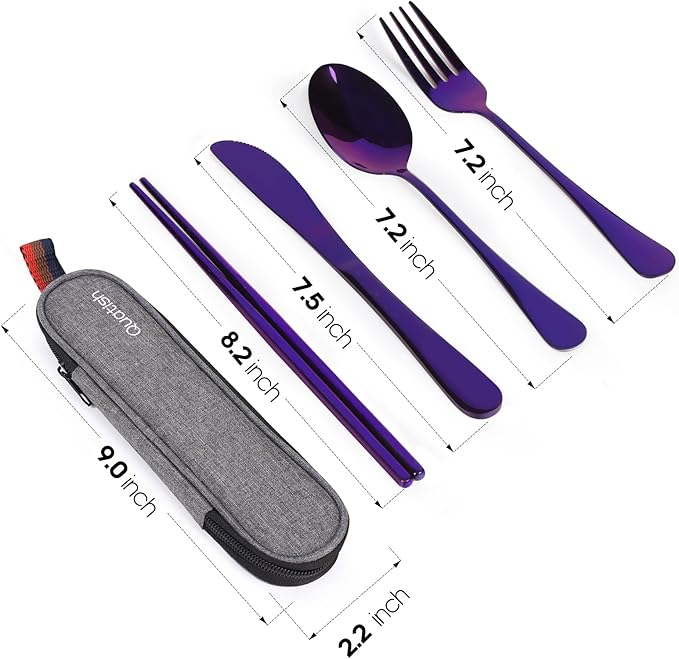 Travel Utensils with Case, Quatish Portable Silverware Set for Work, Stainless Steel Reusable Travel Cutlery Set, Fork and Spoon Set for Camping, EDC Gadgets, Lunch Box for Men, Purple