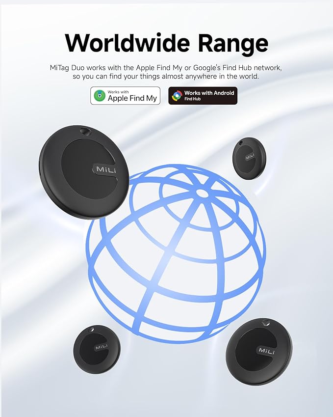 MiTag Duo - Bluetooth Tracker for iOS or Android, Smart Tracking Tag/Key Finder/Luggage Tracker/Item Locator, Compatible with iOS Find My or Google Find Hub App, IP67 Waterproof (4 Packs)
