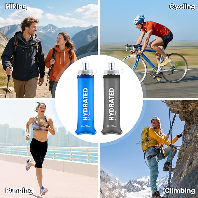 500ml Soft Flask 2Pack, TPU Collapsible Soft Water Bottle, 17oz Foldable TPU Bottles for Hydration Pack BPA-Free, Running Lightweight Water Bottle for Hiking Cycling Climbing Running