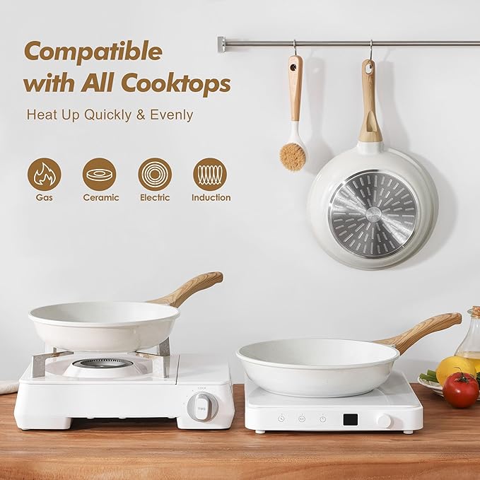 SENSARTE Nonstick Frying Pan Skillets, White Ceramic Coating Omelette Pans, Healthy Cookware Chef's Pan, Free of PTFE & PFAS (9.5+11+12.5 Inch)