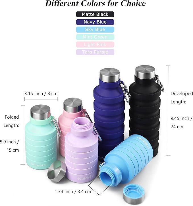 Nefeeko Collapsible Water Bottle, Reuseable BPA Free Silicone Foldable Water Bottles for Travel Gym Camping Hiking, Portable Leak Proof Sports Water Bottle with Carabiner