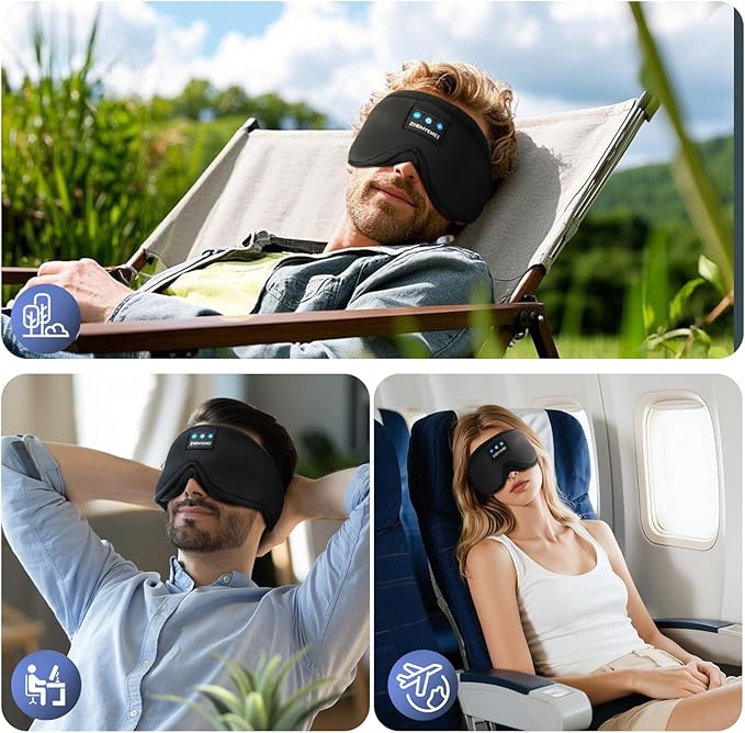 3D Sleep Mask with Bluetooth Headphones, Sleeping Headphones for Side Sleepers, Wireless Music Eye Mask with Ultra-Thin Stereo Speakers for Men, Women, Tech Gifts, Black