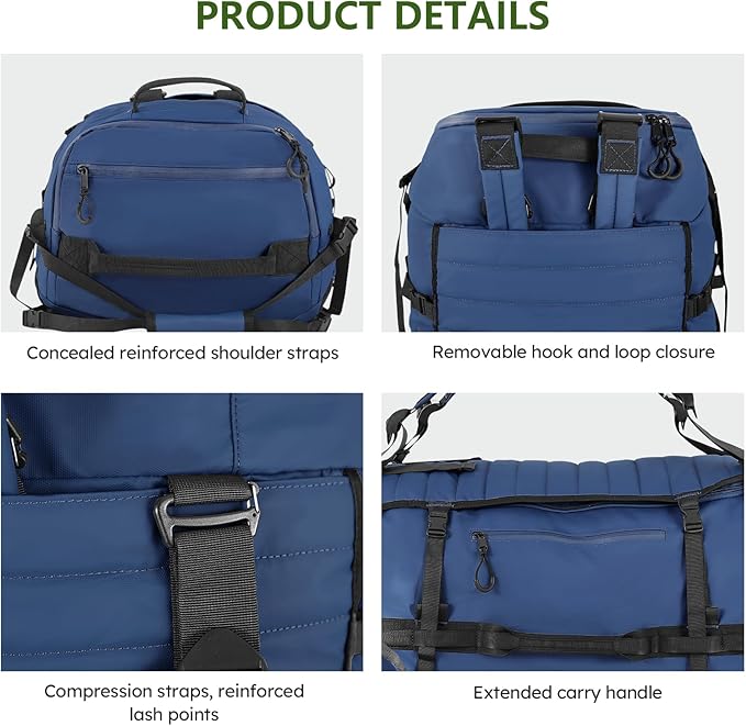 Vomgomfom 86L Collapsible Wheeled Luggage with Removable Backpack Straps,Waterproof Rolling Duffle Bag with Quilted Base,No Telescope Handle,Navy