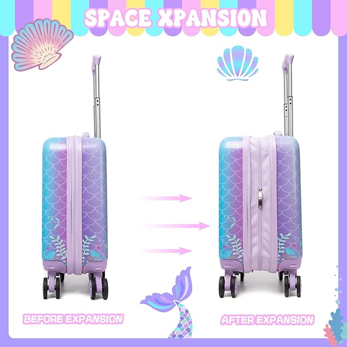 Cute Mermaid Kid’s Luggage Set 5 Piece Suitcase Set 16’’ Hardside Luggage with Spinner Wheels Girls Travel Rolling Luggage Carry on Luggage Airline Approved