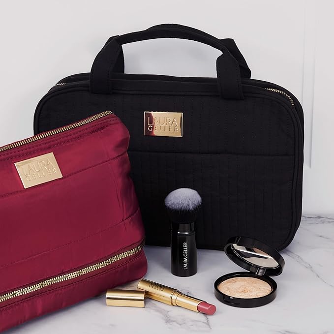 LAURA GELLER NEW YORK Quilted Folding Travel Makeup Bag, Black - Hanging Toiletry Bag Organizer for Travel - Large Capacity Full Size Makeup Bag - Easy to Clean