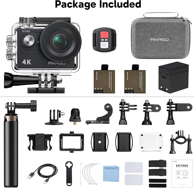 AKASO EK7000 4K30fps Action Camera with Mini Selfie Stick Tripod and Carrying Case Bundle EIS 131ft Waterproof Camera 4X Zoom Remote Control 20 MP Underwater Camera