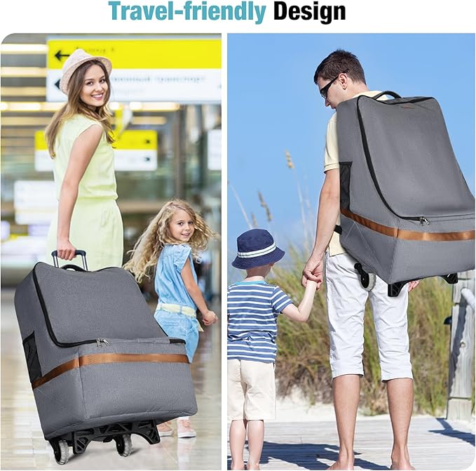 Padded Car Seat Travel Bag for Airplane with Wheels, Heavy Duty Carseat Bags for Air Travel, Rolling Gate Check Backpack and Dolly Carrier, Storage for Baby Essentials, Grey
