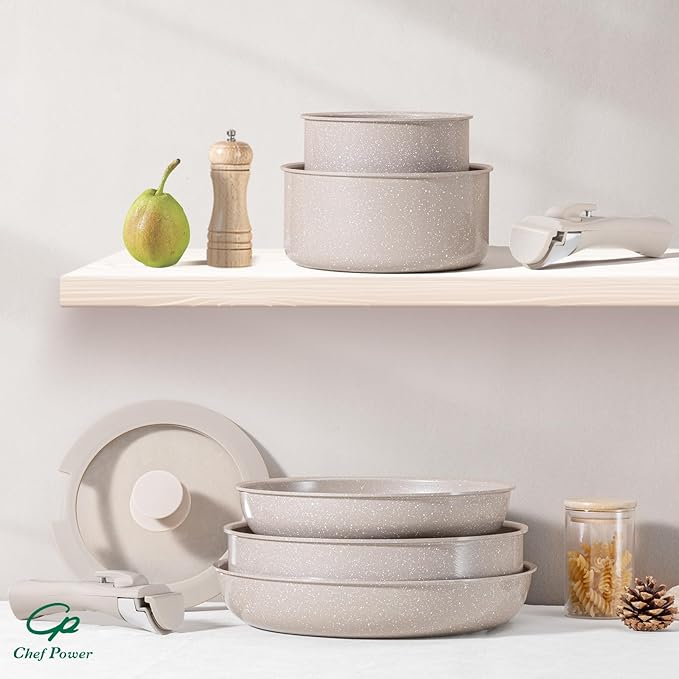 Chef Power Ceramic Nonstick Pots and Pans Set 19 Piece with Detachable Handle, Induction Dishwasher Oven Safe Cookware Set, RV Kitchen Set Removable Handle, Mocca Taupe